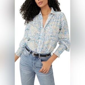 Free People Wild Gardenia Cotton Ruffle Blouse Top Large Blue